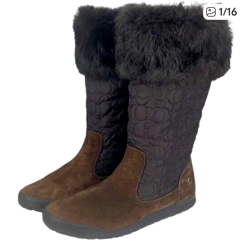 Coach Talen Brown monogram, rabbit Black Fur-Trimmed Boots